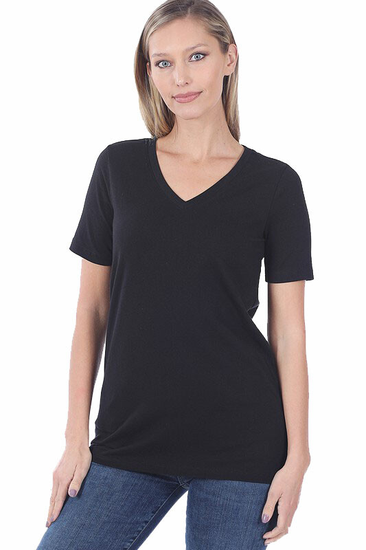 Zenana Plain Short Sleeve T Shirt V-Neck Top Stretch Cotton