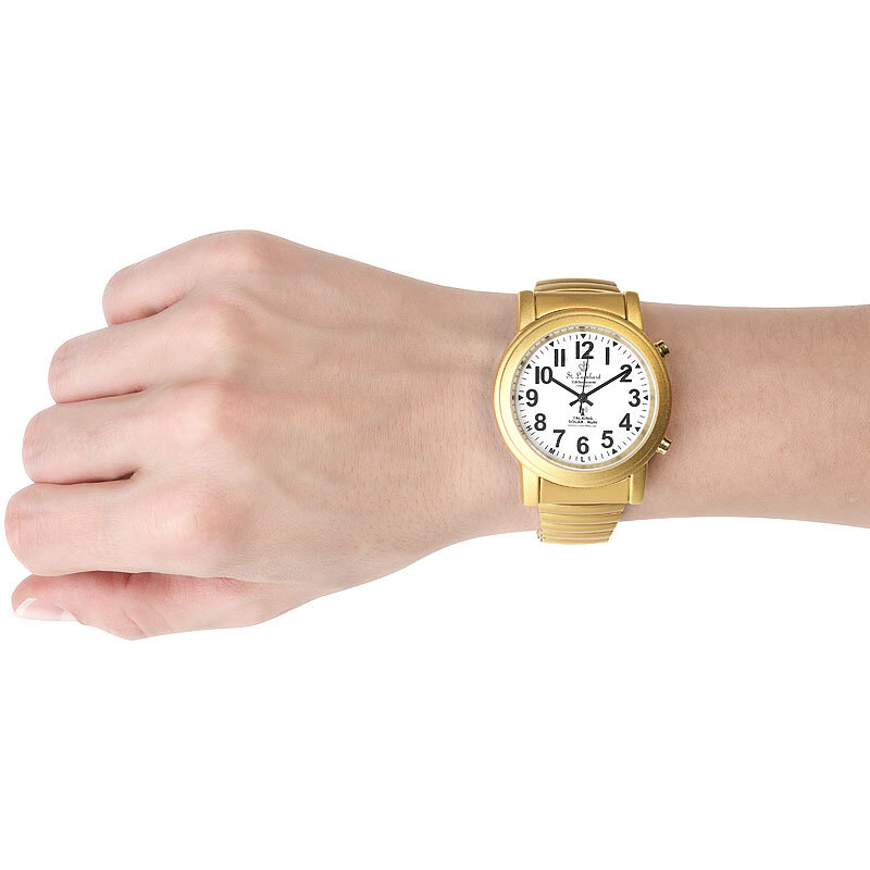 Leonhard Sprechende Funk- Solar-Seniorenuhr, vergoldet