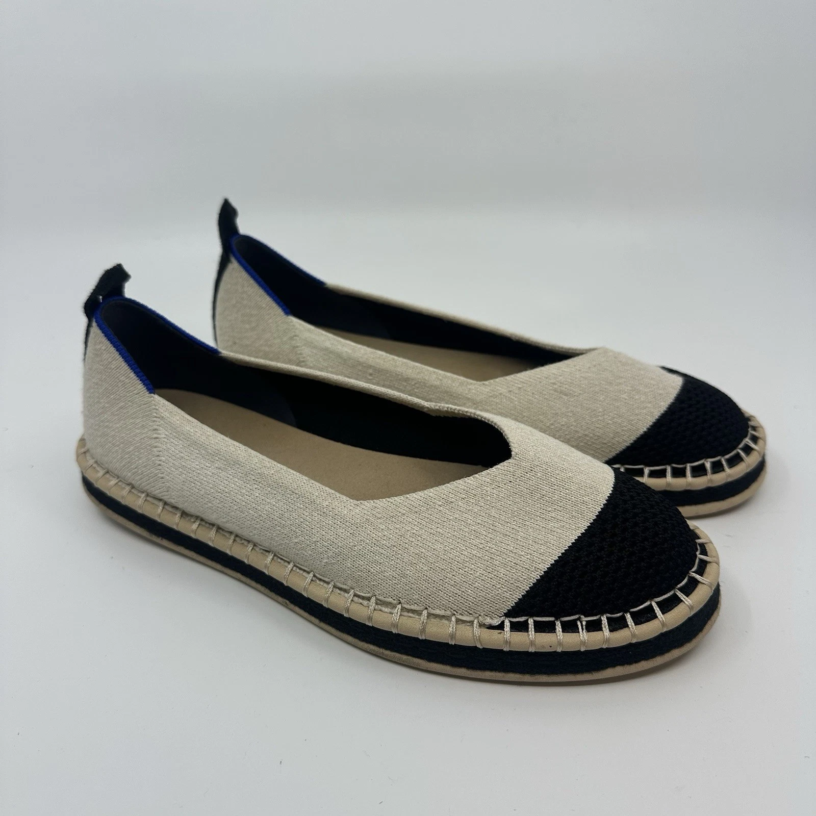 Rothy's The Espadrille Boardwalk Flats Shoe Cap Toe Slip On Cream Black Size 8