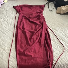 Burgundy Glitter Satin Cowl Neck Strappy Long Gown Side Slit Lined S
