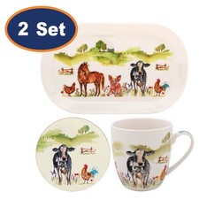 Mug with Coaster and Tray 2-Set Farmyard Animals Art Design Snack Tableware