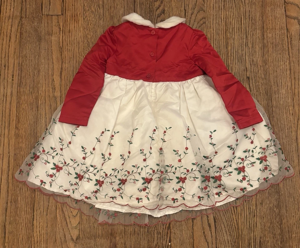 WONDER KIDS 尺寸 24 个月红色圣诞闪光冬青人造毛皮领连衣裙 — 第 2/4 张图片