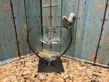 Hand Blown Clear Art Glass Heart Bud Vase In Metal Base W/ Perched Pottery Bird