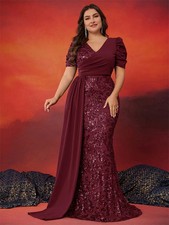Plus Size Elegant Short Sleeve Sequins Formal Evening Dress Women Luxury Mermaid