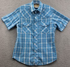 Wrangler Western Blue Plaid Mens Shirt Size M Short Sleeve Snap Up READ