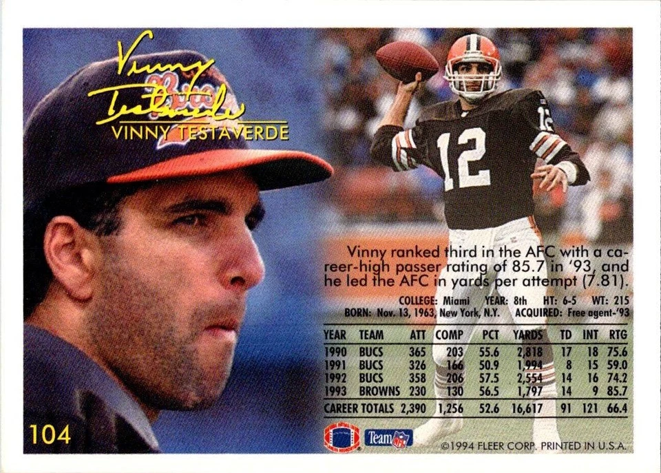 Vinny Testaverde 1994 Fleer #104 Cleveland Browns - Image 2 of 2