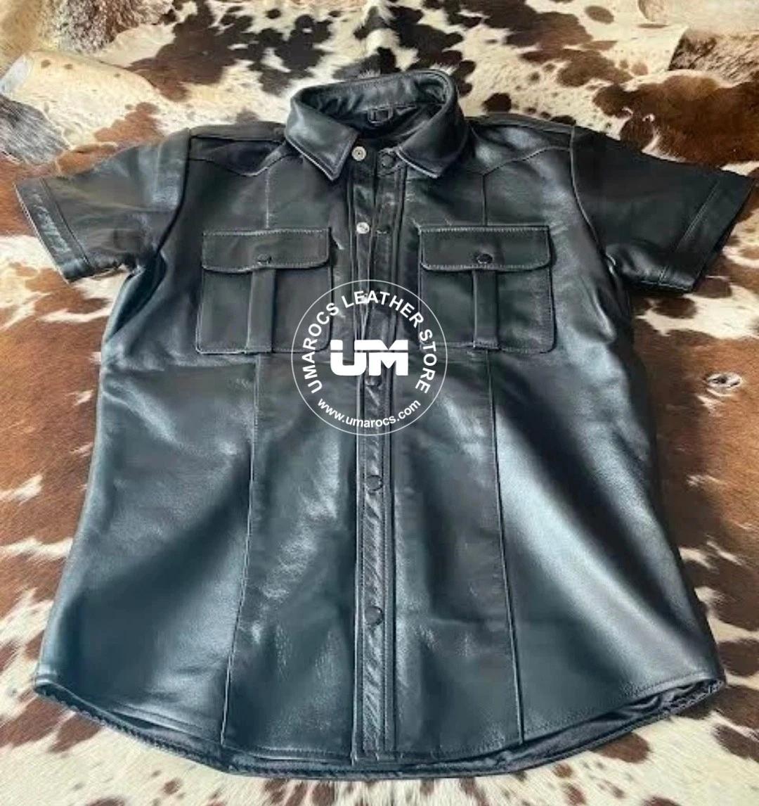 Men's Black Genuine Leather Short Sleeve Shirt Handmade Button-Up Casual