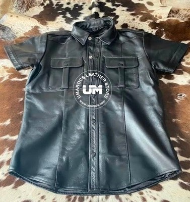 Men's Black Genuine Leather Short Sleeve Shirt Handmade Button-Up Casual