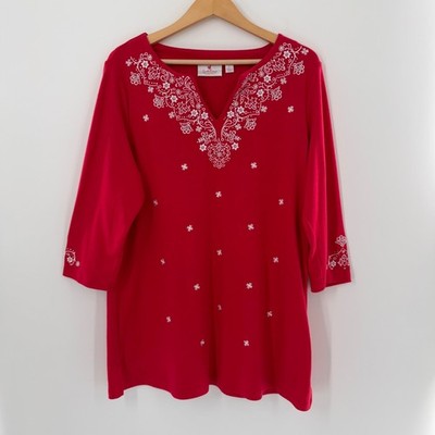 Quacker Factory Womens Tunic Top SZ Large Red Holiday Western Boho Embellished