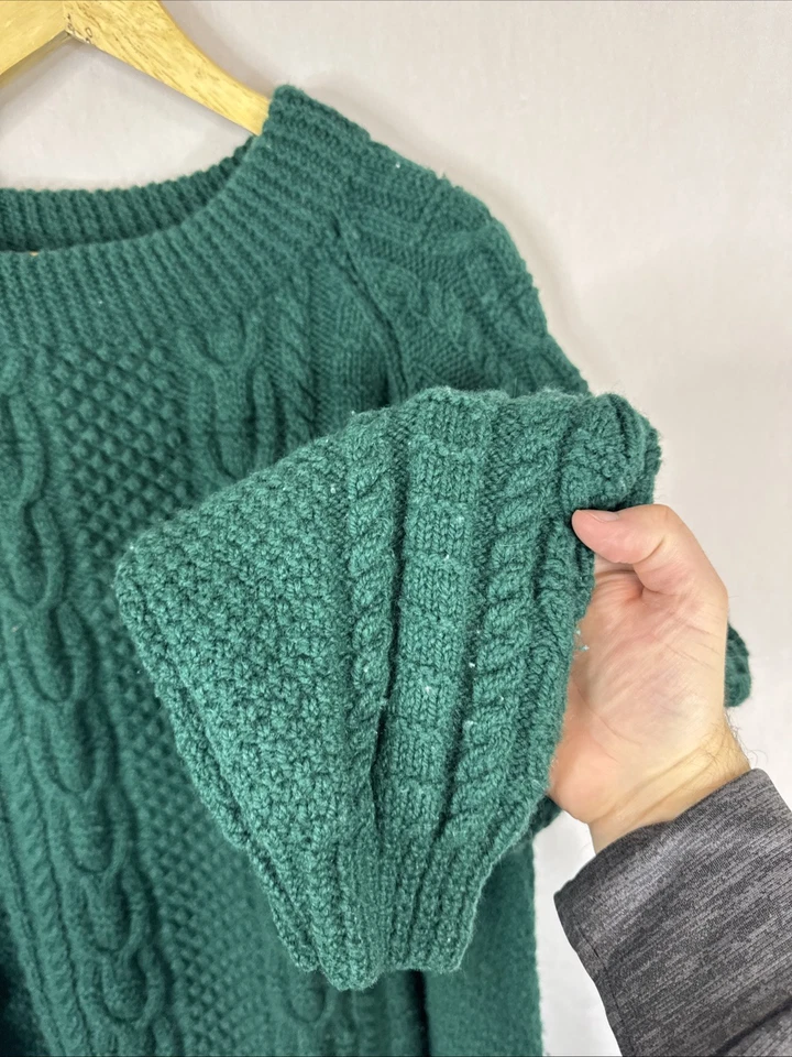 Suéter tejido a mano de lana con cable de pescador verde grueso tejido para hombre XL Foto 2 de 4