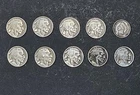 Lot of nine 1920s-30s Buffalo Indian Head Nickels and a 1906 Indian Head Penny