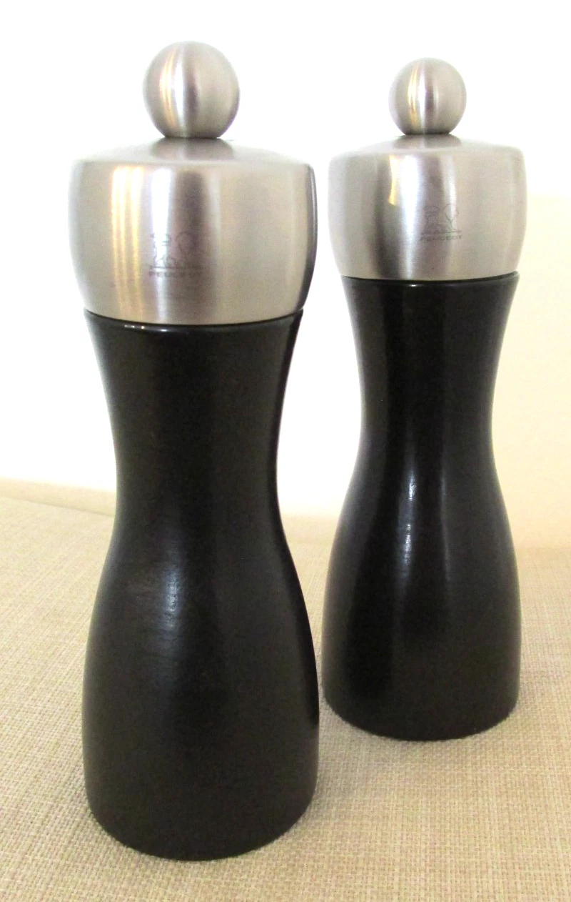 Vintage PEUGEOT France Dark Walnut Brushed Satin Salt and Pepper Mill Grinder Pr