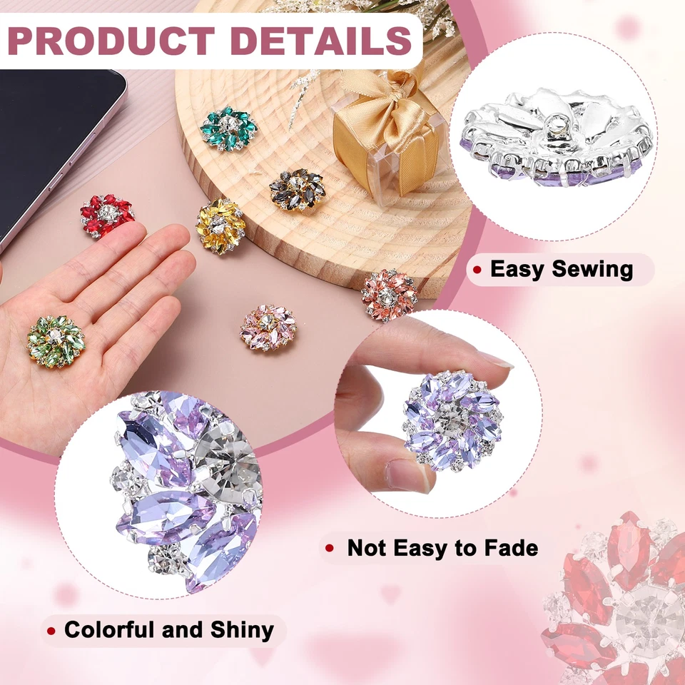 6 PIEZAS Botones de diamantes de imitación de costura de flores de 1 pulgada caña de cristal plata púrpura claro Foto 3 de 4