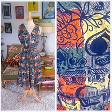 Vintage 1950s Dress  Tropical  Tiki Print  M  50s  Pinup