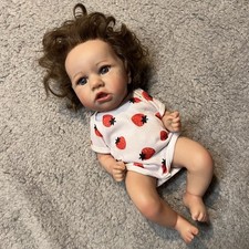 RGB Realistic Girl Newborn Baby Doll Brown Curly Hair Lifelike Blue Eyes