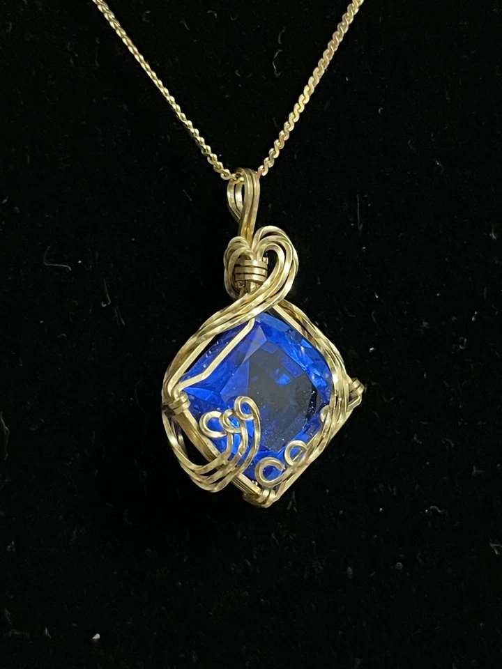 14K Gelbgold Seil Halskette mit Draht Set Quadrat Blau Saphir Anhänger - 3 Gramm - Bild 1 von 4