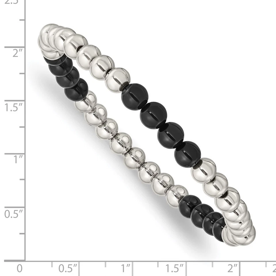Pulsera Cincel Unisex Acero Inoxidable Pulido 6 mm Negro Ónix Cuentas Elástico Foto 3 de 3
