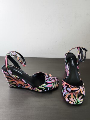 Nine West Black Multicolor Floral Ankle Strap Wedge High Heel Sandals S 6M  NWOB
