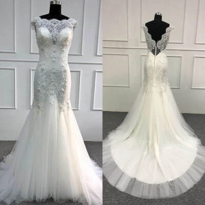 Brautkleid Hochzeitskleid Empire Mermaid Spitze Aufkleber Weiß Ivory 38 40 42 - Bild 1 von 4