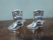 Vintage Metal Cowboy Boots Spurs " The Alamo" Salt and Pepper Shakers, Silver
