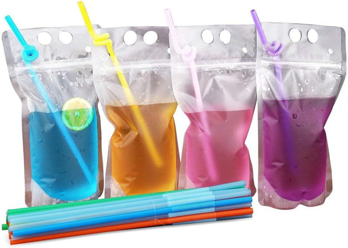 50-Pack 17oz Disposable Plastic Drink Pouches with Straws, 5x9 Inches, 8Mil Thick