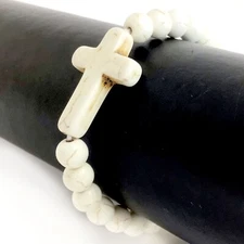 White Cross Christian Bracelet Handmade Beaded Howlite Turquoise Bead 7.5"