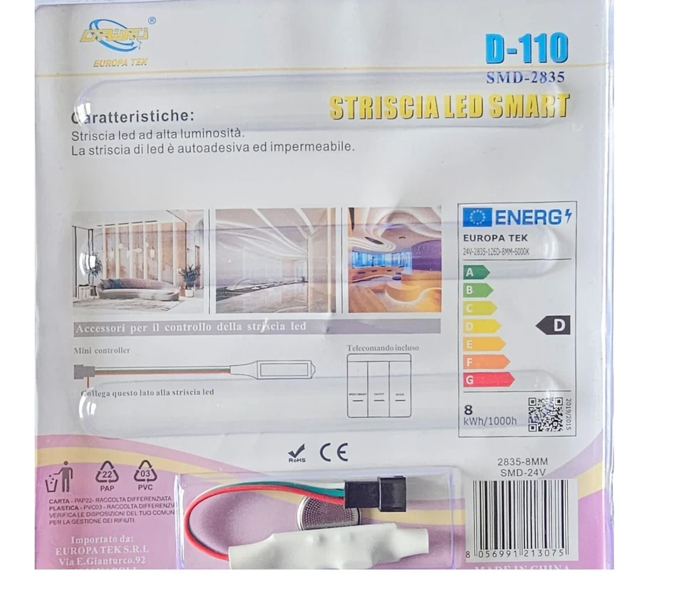 Striscia Led Fredda 5Mt 8W 24V SMD 2835 Autoadesiva telecomando Interruttore - Immagine 3 di 4