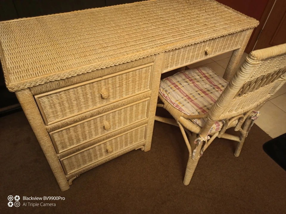 Rara mesa vintage Henry Link vime Lexington com tampo de cadeira vidro feita nos EUA - Imagem 2 de 4