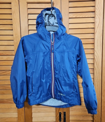 LLBEAN Rain Jacket Boys 6X7 Hooded Fleece Lined Navy Blue Gray A8