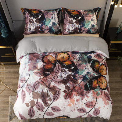 3D Watercolor Butterfly Leaves Quilt Cover Set Bedding Sets Pillowcases Queen