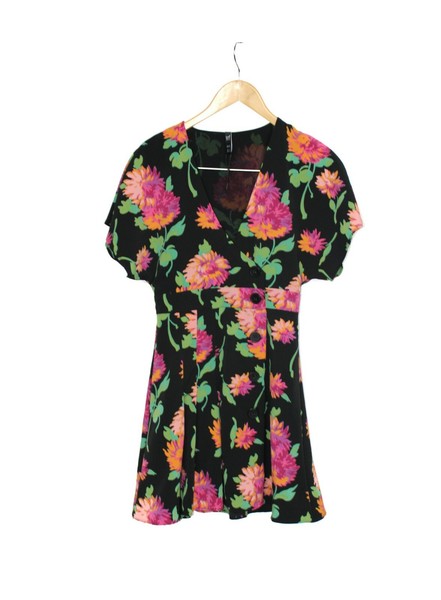 Zara TRF Collection Mini Dress Sz S AU 8 Black Floral Short Sleeve Button Front