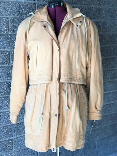 Medium Brown Leather Hooded Coat Jacket 