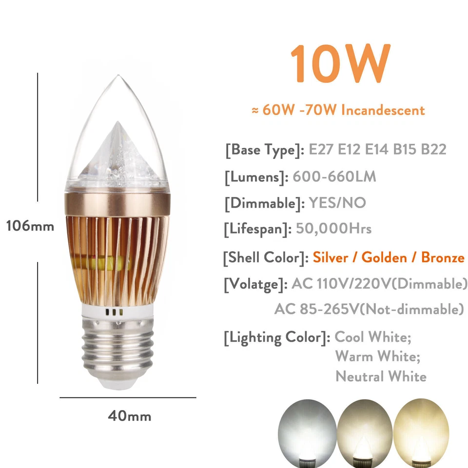 B22 E27 E12 E14 B15 Dimmable LED Candle Bulb Diamond Core Lights Lamp 6W 8W 10W - Image 2 of 4