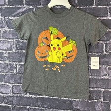 Pokemon Boys Small Gray Short Sleeve Pikachu Pumpkin Halloween Tee Shirt