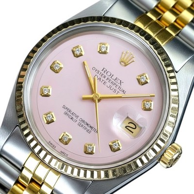 Rolex Ladies Datejust Gold Steel Pink Diamond Dial Jubilee 36mm Watch 1601 w/Box
