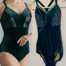 Custom solo dance contemporary costume green velvet bedazzled LC-large child