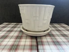 Vtg  McCoy Cream Bamboo pattern Planter  6" high w/ attached  saucer. McCoy 0375