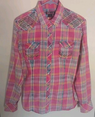 Rock & Roll Cowgirl Junior Womens Large Pearl Snap Western Pink Studded
