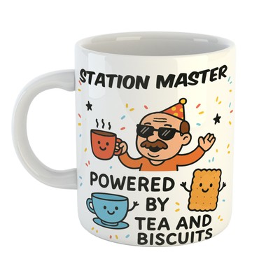 Lustige Humorvolle Tasse STATION MASTER Geschenk | POWERED BY TEA & BISCUITS Tasse - Premium