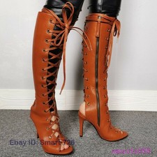 Womens Lace Up Knee High Boots High Heels PU Leather Peep Toe Gladiators Sandals