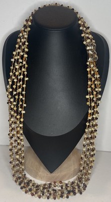 Vintage Glass Bead Necklace 3 Strand 62  Opera Length Amber Cream Boho Layered