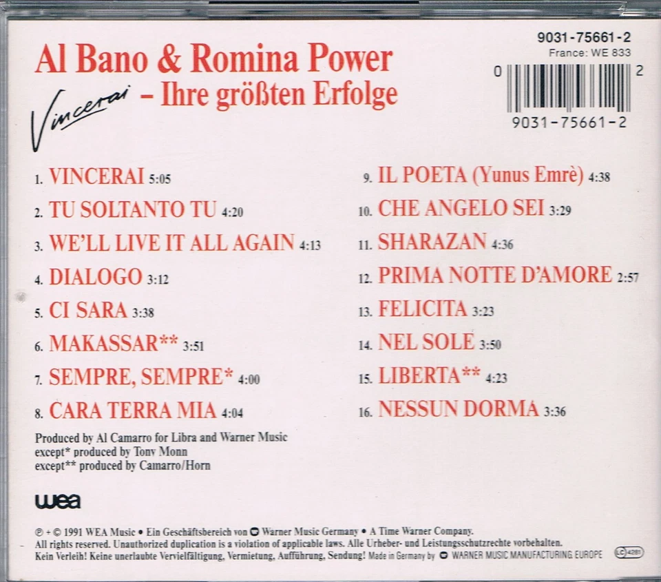 CD Al Bano & Romina Power Vincerai - Ihre Grössten Erfolge WEA - Bild 2 von 2