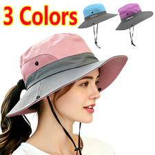 Women's Summer Bucket Hat Travel Boonie Ponytail Wide Brim Sun UV Protection Cap