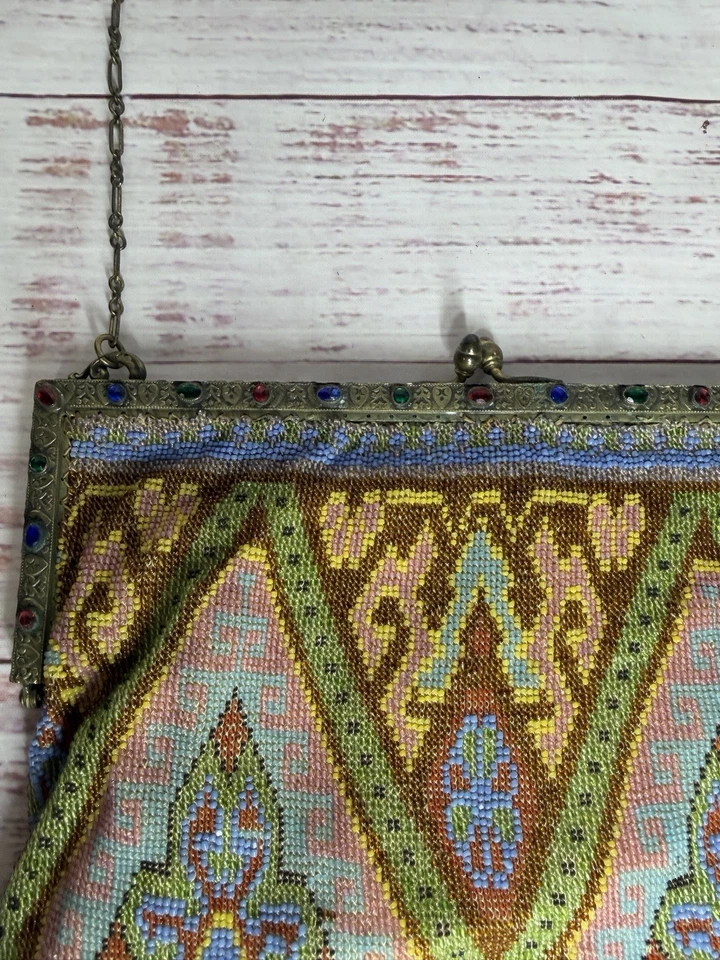 1920's Antique French Steel Cut Micro Beaded Art Geometric Deco Bag Purse - Image 3 of 4
