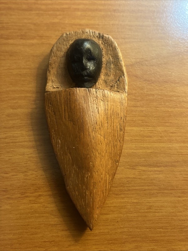 Vintage Hand Carved Wood Cradle Figure Rustic Folk Art Small 3”