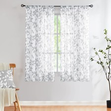 White Grey Leaf Sheer Curtains for Bedroom 63  Semi-Sheer Print Leaves Patter...