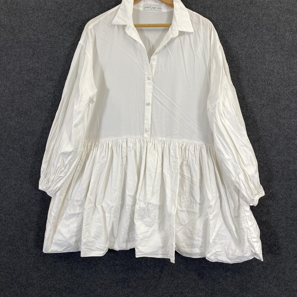 Petal + Pup Dress Womens S White Shirt Dress Mini Ruffle Pockets Coastal Boho
