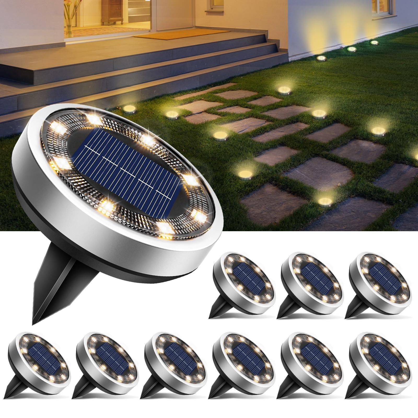 10 Luci Solari da Giardino 8 LED - Faretti Sepolta Esterno IP65 Acciaio
