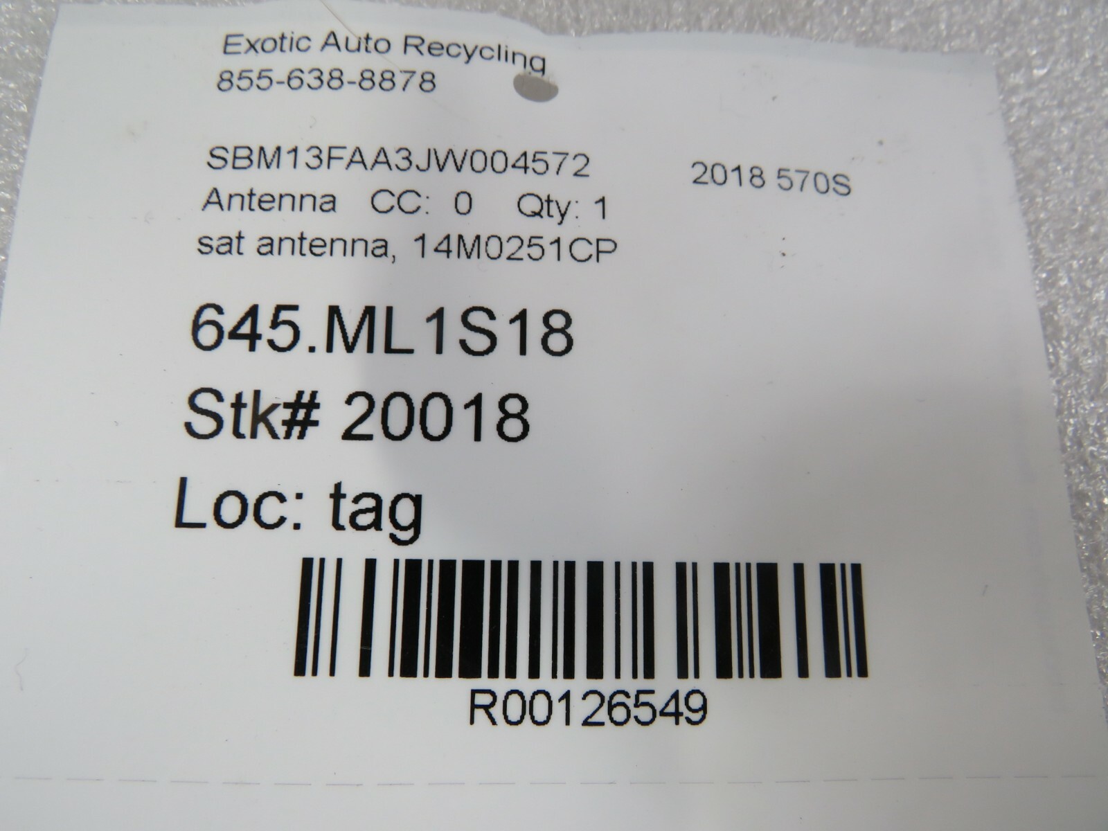 McLaren 570S, Satellite Antenna, Used, P/N 14M0251CP