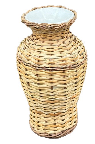 Woven Vase Stoneware Ratan Wicker Wrapped Table Vase Boho Beach Cabin Vibes - Picture 9 of 13